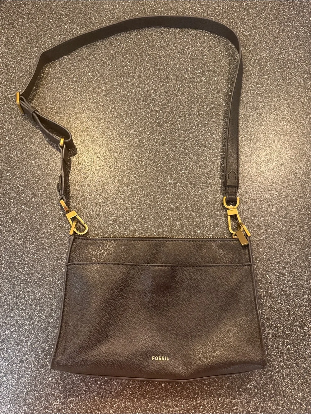 Fossil Black Leather Crossbody with Gold Hardware